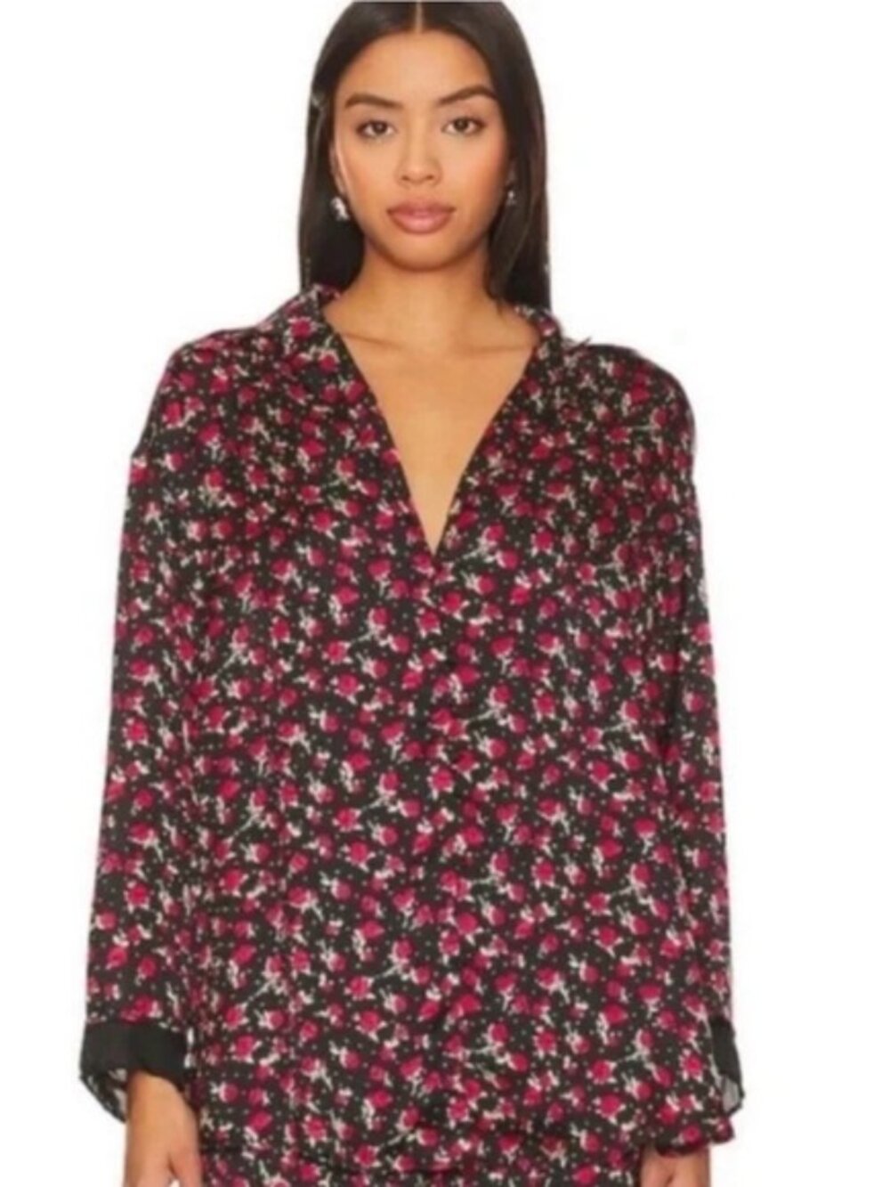 NWT Free People Dreamy Days Button-Up Floral Pajama Set, Black/Red - Size Large